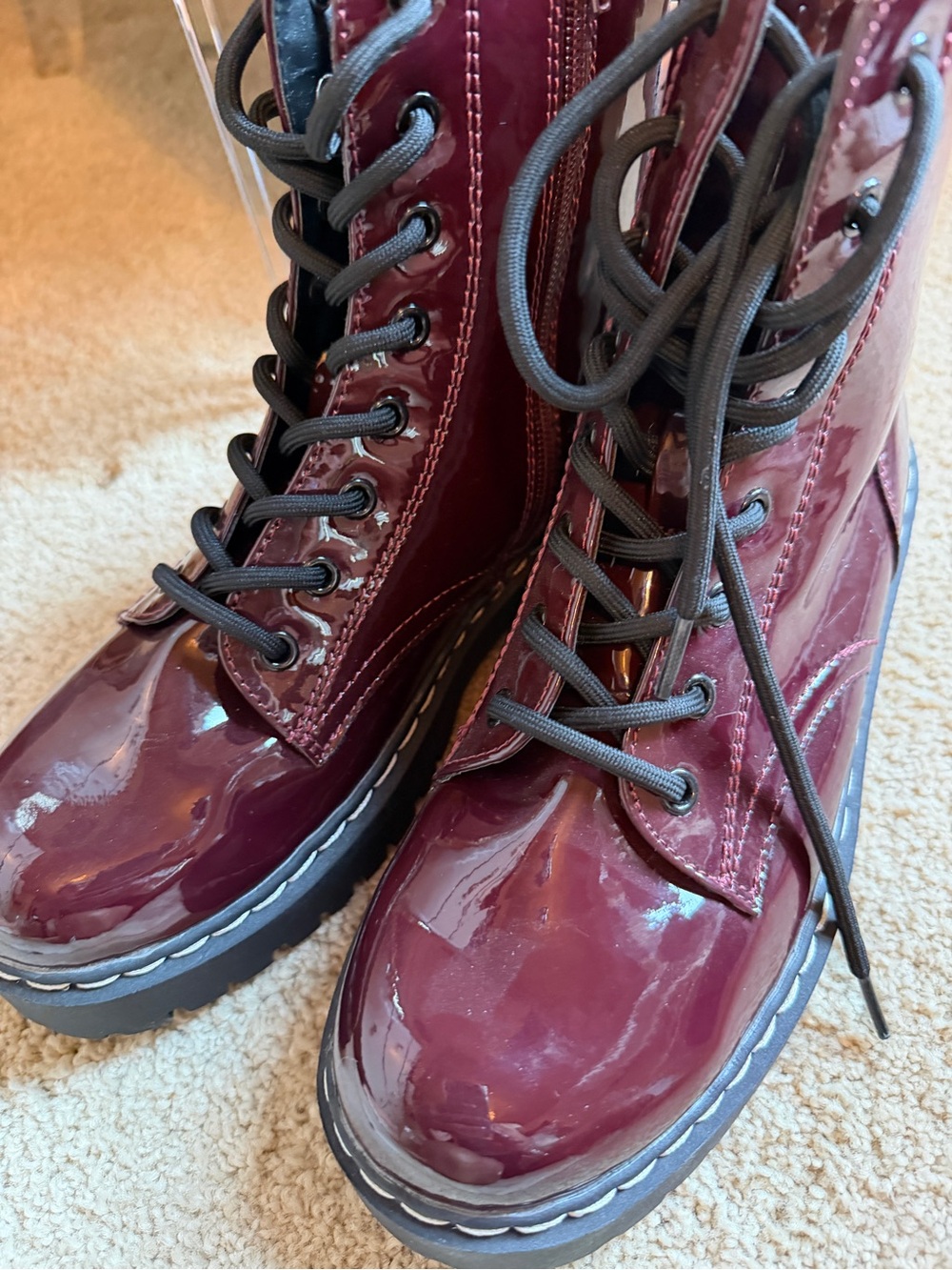 Sincerly Jules Burgundy Patent Lace-Up Combat Boots